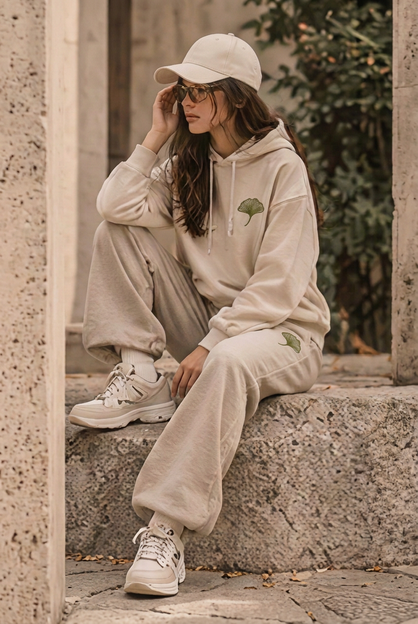 Look 07 donna, ricami coordinati verde oliva