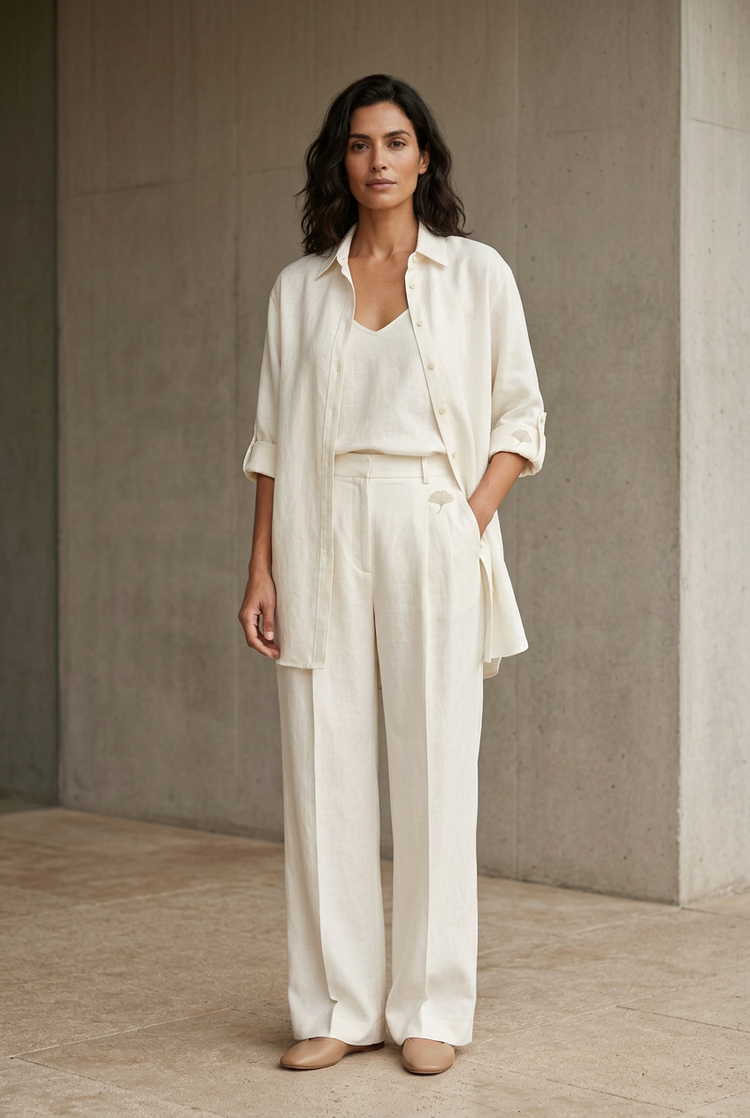 Modella con completo avorio SANSEN e ricami ginkgo discreti