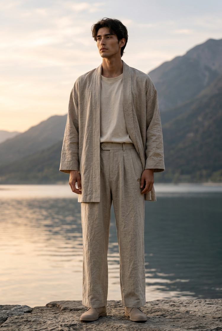 Modello con completo uomo SANSEN sabbia e avorio