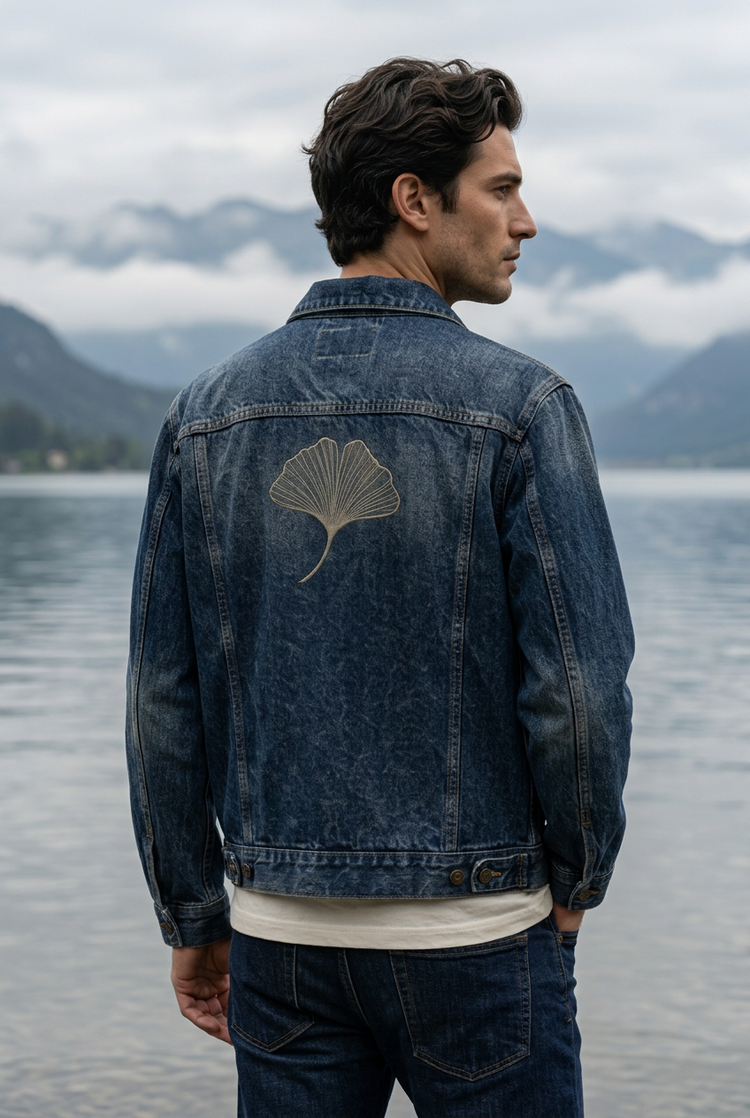 Modello con giacca denim SANSEN e ginkgo ricamato sul retro