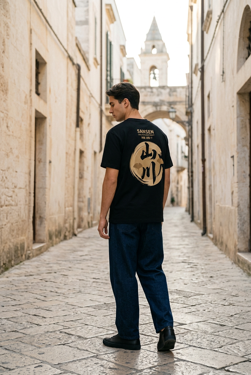 T-shirt nera SANSEN, davanti e dietro