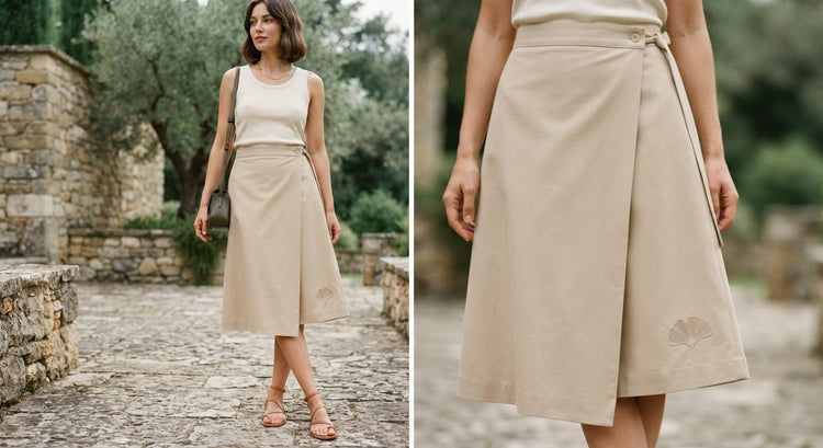 La falda cruzada Ginkgo – Algodón color arena